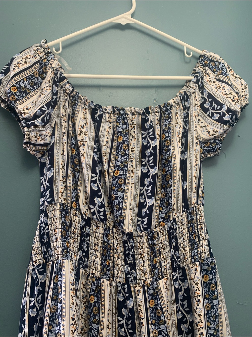 Justify Navy and White Boho Stripe Floral Midi Dress